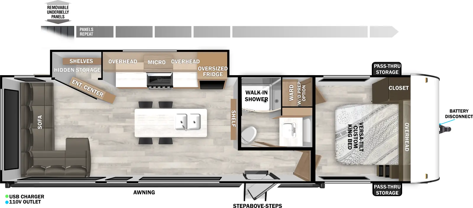 The Wildwood 28VIEW floorplan has one entry and one slide out. Exterior features include: fiberglass exterior. Interiors features include: kitchen island, front bedroom and rear living.